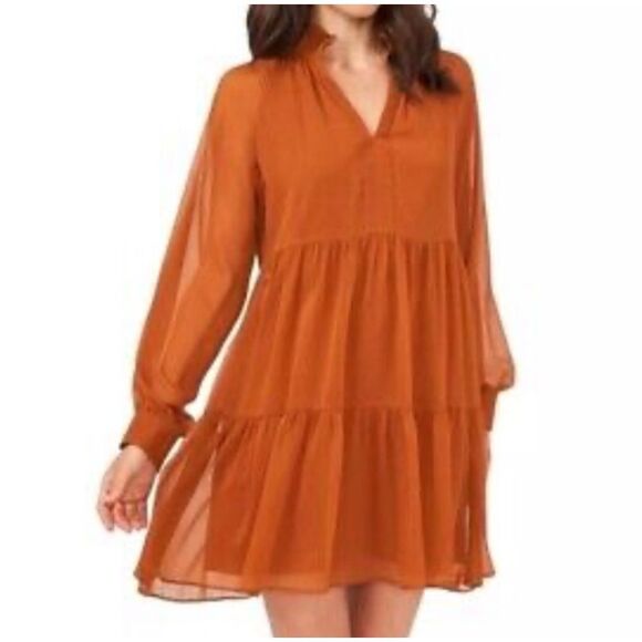 1. State Dresses & Skirts - 1.State Womens Split Neck Tiered Long Sleeve Lined Babydoll Mini Dress Burnt Ora